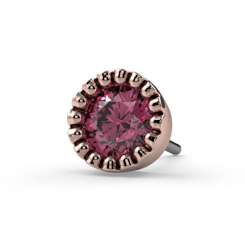 14k rose gold 2.5mm pink diamond perlage threadless end only, front view showing push-pin tip
