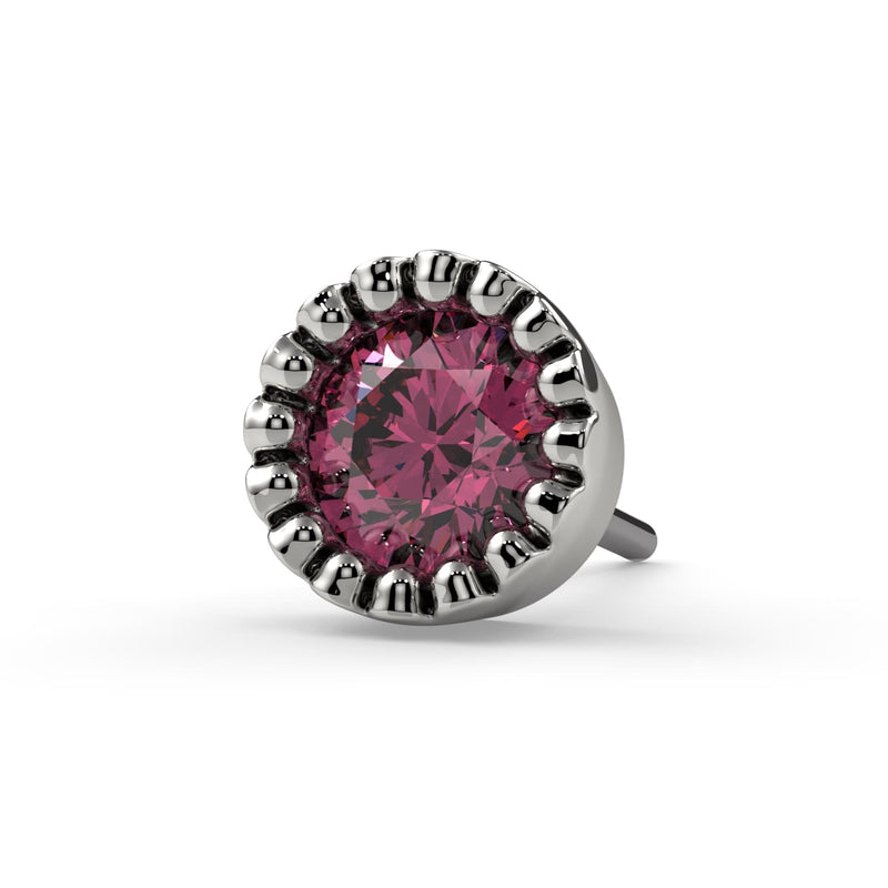 14k white gold 2.5mm pink diamond perlage end only, close-up front view of beaded setting detail