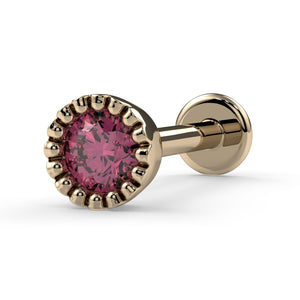 14k yellow gold pink diamond perlage flat back labret stud, angled view showing beaded setting and disc back