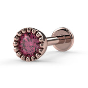 14k rose gold pink diamond perlage flat back labret stud, angled view highlighting warm-toned beaded halo