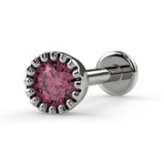 14k white gold pink diamond perlage flat back labret stud, angled side view with round disc backing