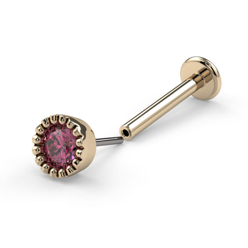 14k yellow gold pink diamond perlage labret showing separated threadless push-pin post and flat back