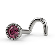 14k white gold pink diamond perlage nose ring with milgrain bezel, side angle showing twist post
