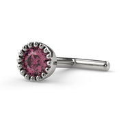 Platinum pink diamond perlage nose stud with straight post and milgrain bezel, side angle view