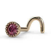 14k yellow gold pink diamond perlage nose ring, angled side view showing twist post style