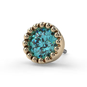 14k yellow gold 3mm aqua diamond perlage end only, close angled view showing vintage-inspired bezel