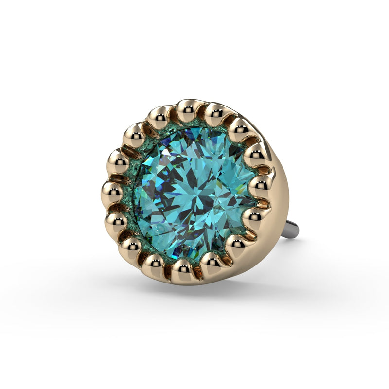 14k yellow gold 3mm aqua diamond perlage end only, close angled view showing vintage-inspired bezel