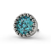 Close-up front view of 14k white gold perlage bezel end with 3mm aqua diamond, bead detail visible