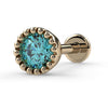 14k yellow gold 3mm aqua diamond perlage flatback labret with beaded bezel, angled side view