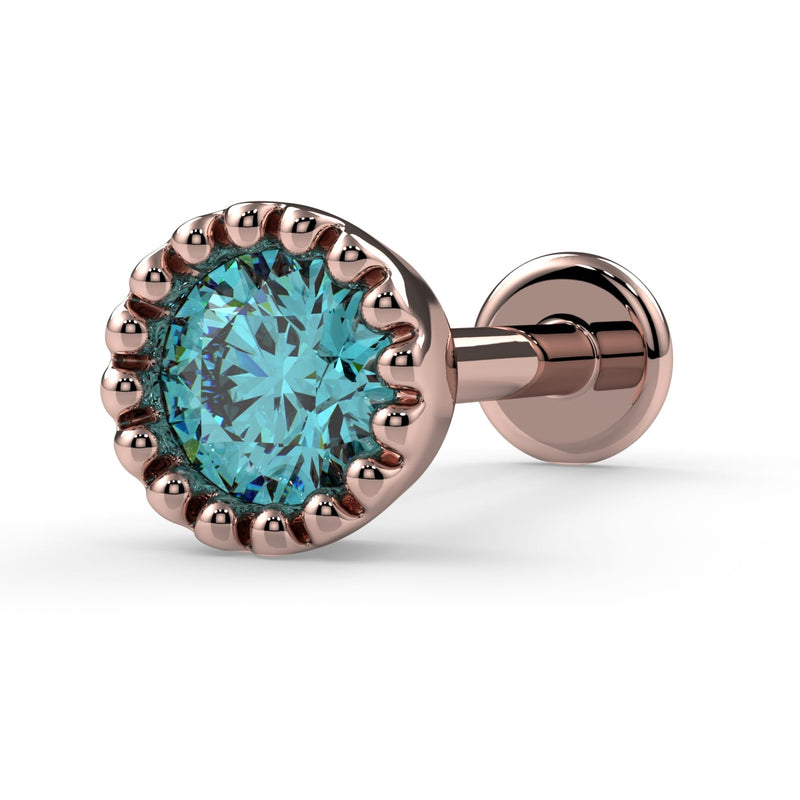14k rose gold 3mm aqua diamond perlage flatback labret with warm pink tone and beaded bezel