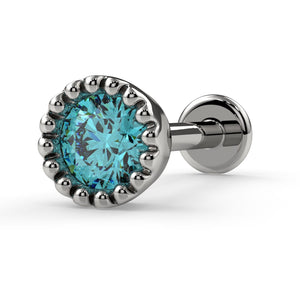 14k white gold 3mm aqua diamond perlage flatback labret showing beaded setting and disc backing