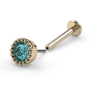 14k yellow gold aqua diamond perlage flatback disassembled, showing threadless push-pin post and disc