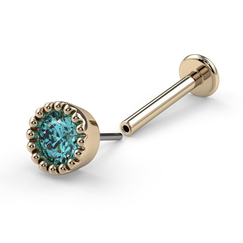 14k yellow gold aqua diamond perlage flatback disassembled, showing threadless push-pin post and disc
