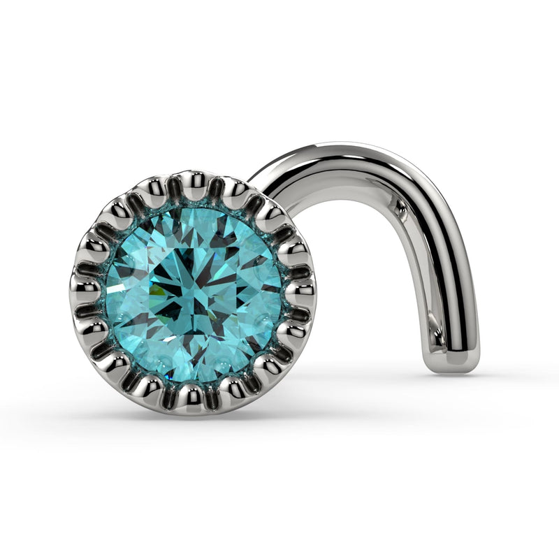 14k white gold 3mm aqua diamond perlage milgrain nose ring, twist style, angled front view