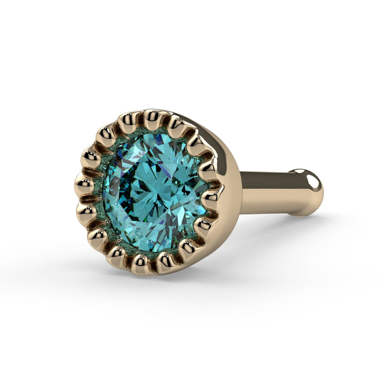 14k yellow gold aqua diamond perlage nose bone, angled view showing rounded ball end