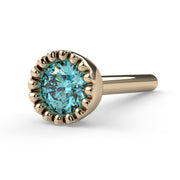 14k yellow gold 3mm aqua diamond perlage nose bone, elevated side angle showing straight post
