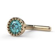 14k yellow gold aqua diamond perlage nose bone, low side angle showing post and milgrain bezel