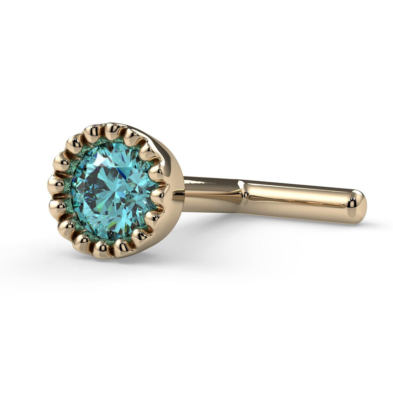14k yellow gold aqua diamond perlage nose bone, low side angle showing post and milgrain bezel