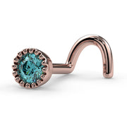 14k rose gold aqua diamond perlage nose ring, twist style, side view showing curved post