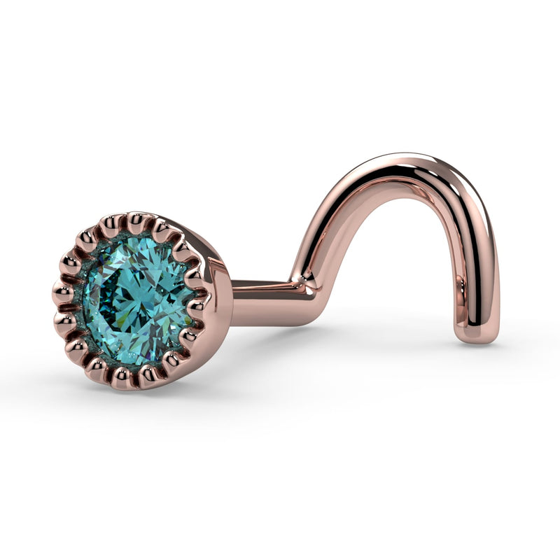 14k rose gold aqua diamond perlage nose ring, twist style, side view showing curved post