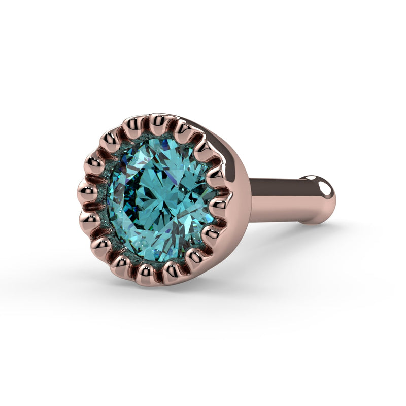 14k rose gold aqua diamond perlage nose bone, close angled view highlighting milgrain setting detail