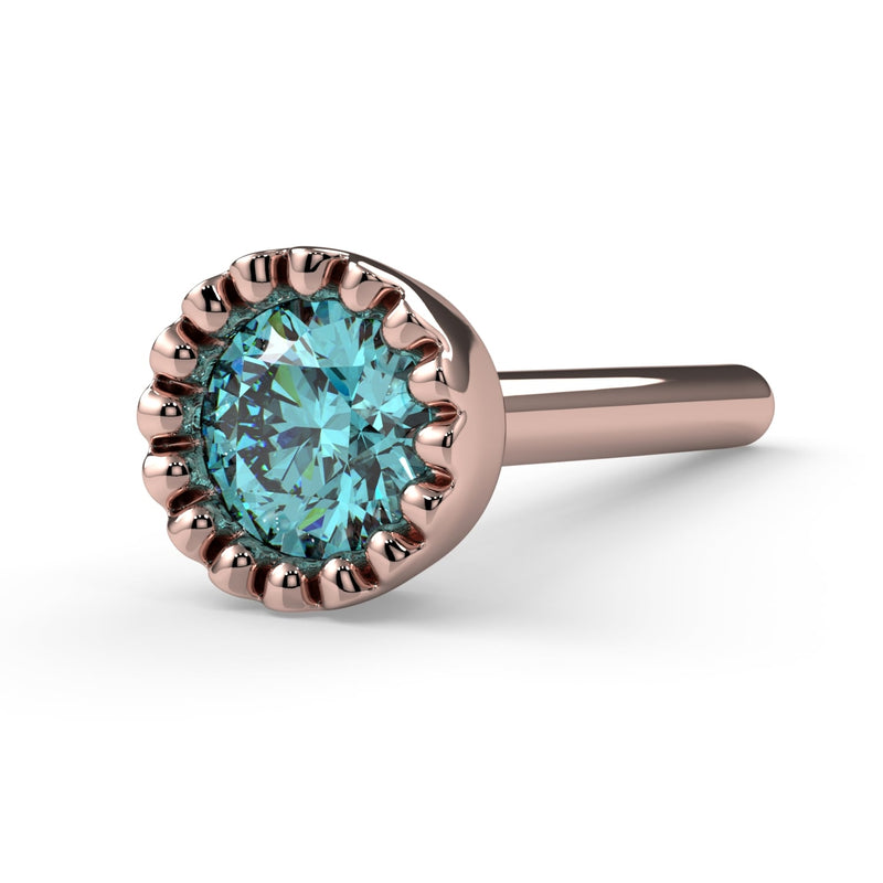 14k rose gold 3mm aqua diamond perlage nose bone, elevated side angle showing straight post