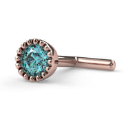 14k rose gold aqua diamond perlage nose bone, low side angle showing post length and ball end