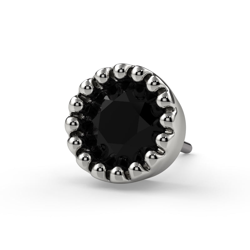 14k white gold 3mm black diamond perlage threadless end only, front view showing stone contrast