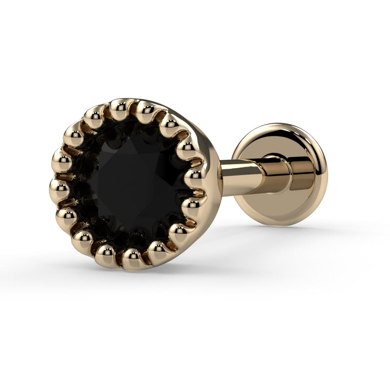 14k yellow gold 3mm black diamond flatback labret with perlage milgrain bezel, angled side view