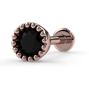 14k rose gold 3mm black diamond perlage flatback labret, angled view highlighting warm gold tone