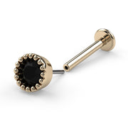 14k yellow gold black diamond perlage flatback labret disassembled, showing pushpin end and post