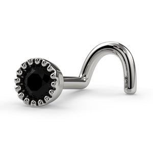 Side profile of 14k white gold black diamond perlage nose screw showing twist post and setting depth