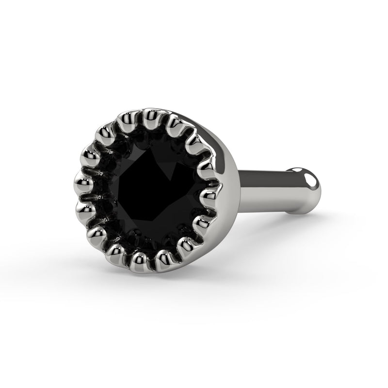 14k white gold 3mm black diamond perlage nose bone, angled front view showing milgrain bezel