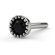 14k white gold black diamond perlage nose bone, side angle showing setting depth and straight post
