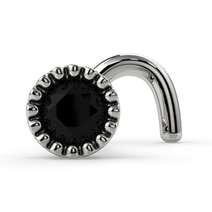 14k white gold black diamond perlage nose ring twist style, front view of milgrain bezel setting