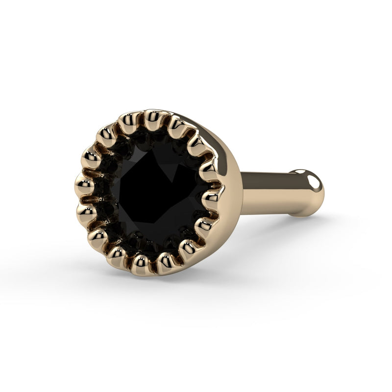 14k yellow gold black diamond perlage nose bone style, angled front view of milgrain setting