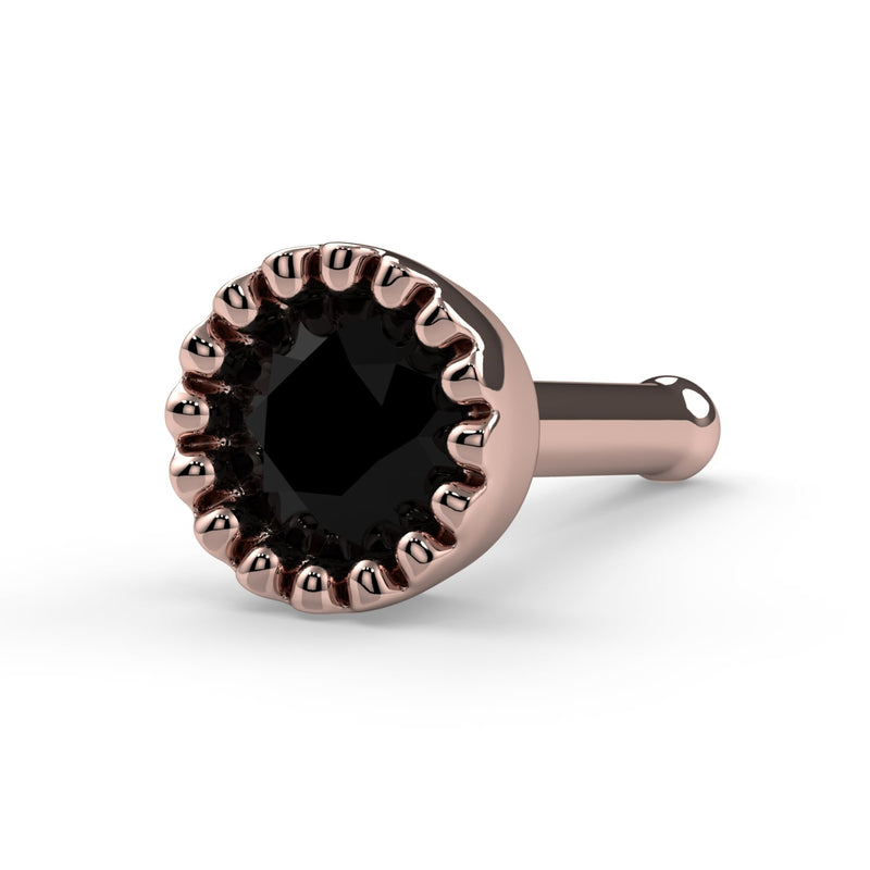 14k rose gold black diamond perlage nose bone, angled front view showing milgrain bezel and post