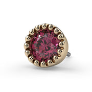 14k yellow gold 3mm pink diamond perlage end only, close-up front view of bead-rimmed bezel and faceted stone