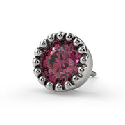 14k white gold 3mm pink diamond perlage end only, close-up front view of bead-bordered bezel setting