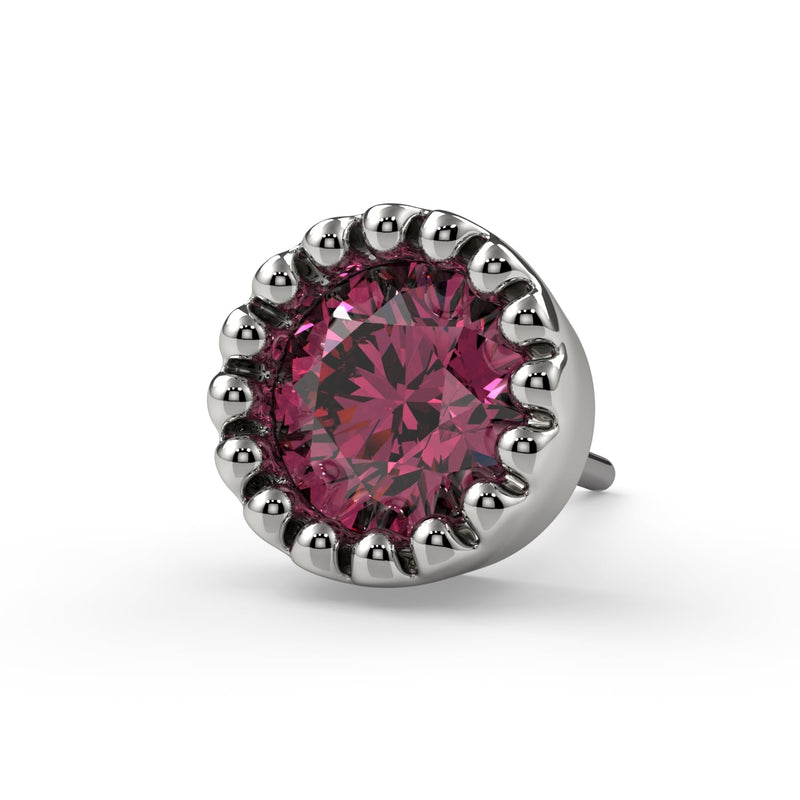 14k white gold 3mm pink diamond perlage end only, close-up front view of bead-bordered bezel setting