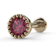 14k yellow gold 3mm pink diamond perlage flatback labret stud, angled side view with flat disc backing