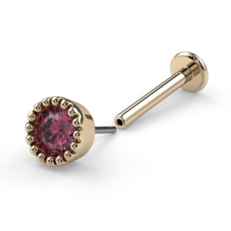 14k yellow gold perlage pink diamond flatback stud shown disassembled, revealing threadless push-pin post