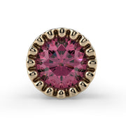 Close-up front view of 3mm pink diamond in 14k yellow gold milgrain perlage bezel setting