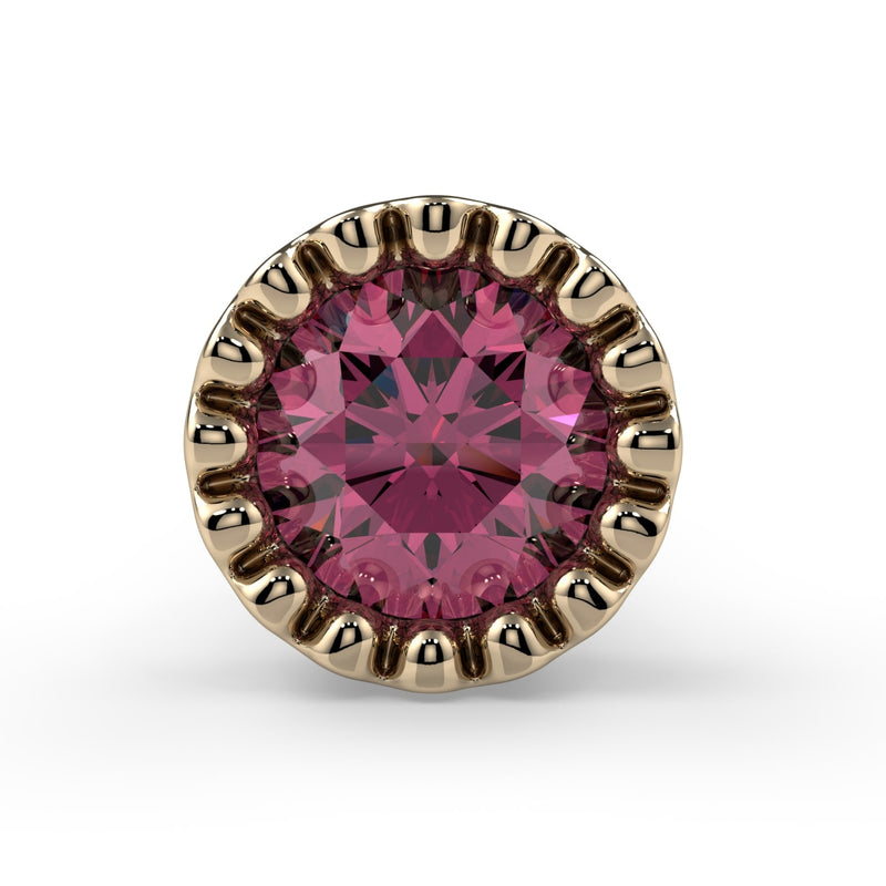 Close-up front view of 3mm pink diamond in 14k yellow gold milgrain perlage bezel setting