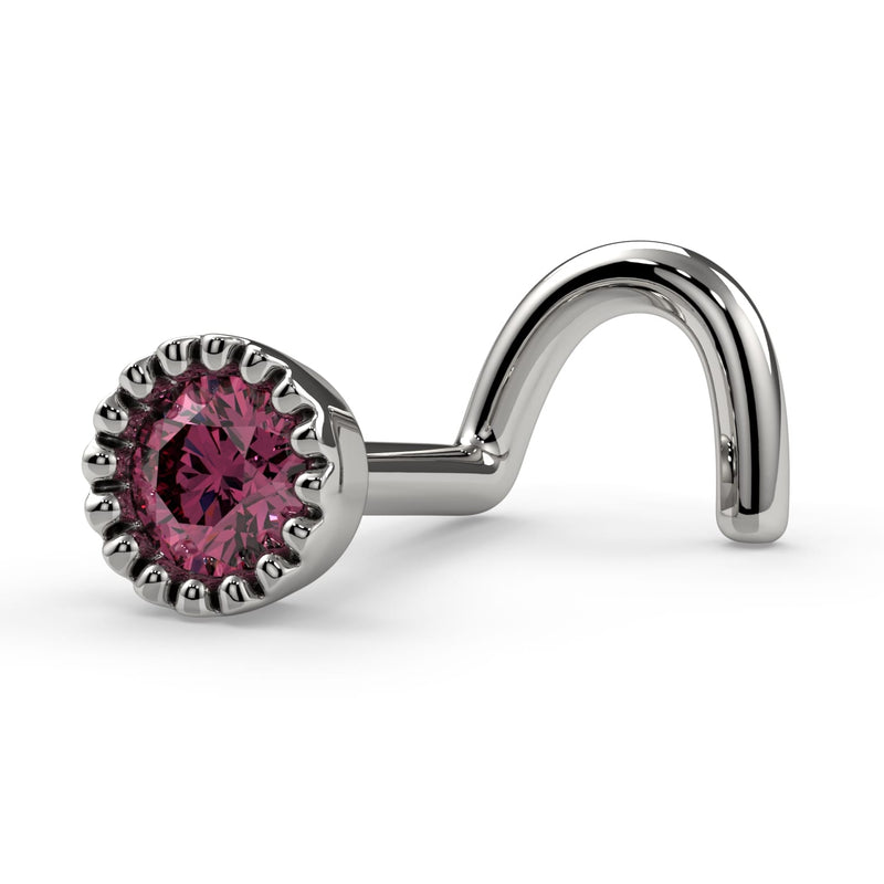 14k white gold 3mm pink diamond perlage nose ring, twist screw style, angled side view
