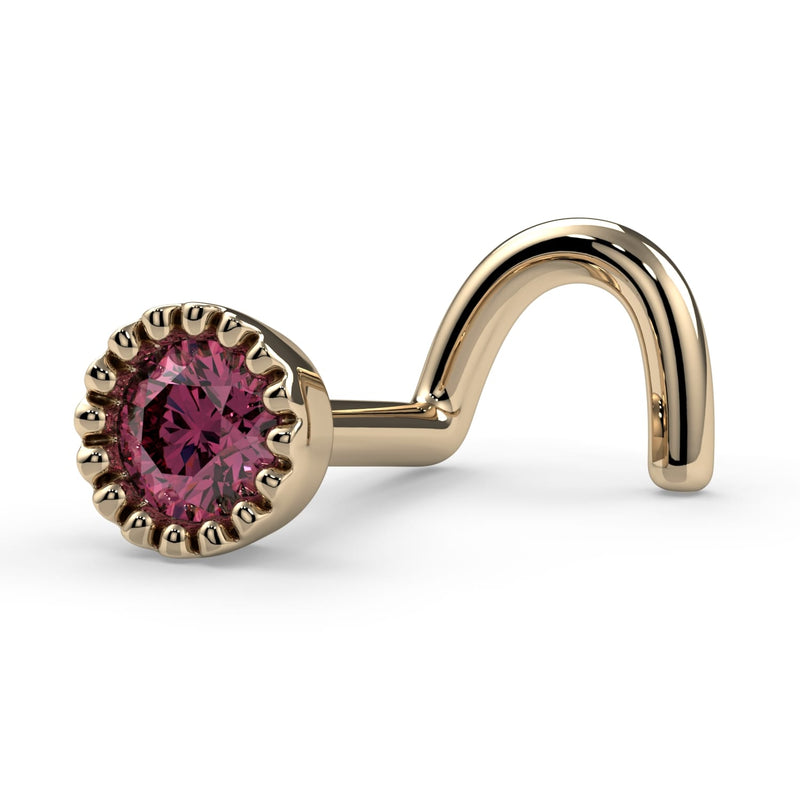 14k yellow gold 3mm pink diamond perlage nose ring, twist screw style, angled side view