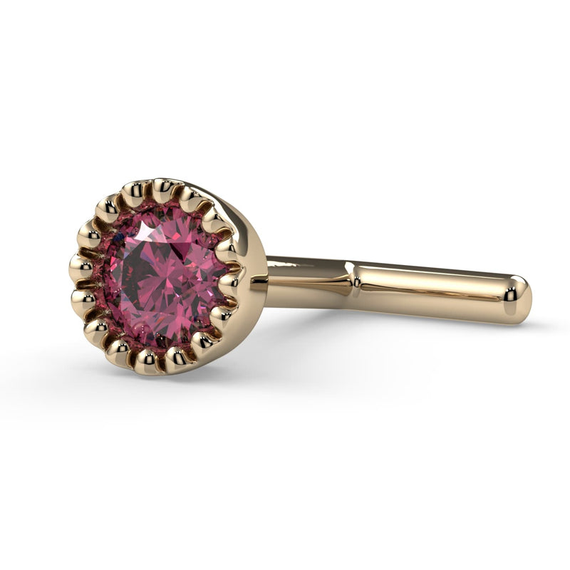 14k yellow gold 3mm pink diamond perlage L-post nose stud, side view showing L-shaped post