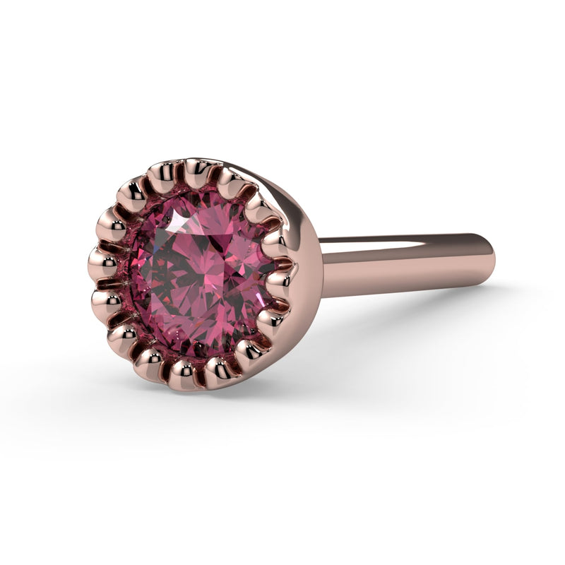 14k rose gold 3mm pink diamond perlage straight post nose stud, low angled side view