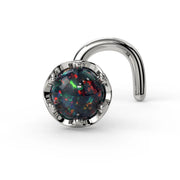 Reina Black Opal Nose Ring in 14K White Gold with crown-set Black Opal - for nostril piercings
