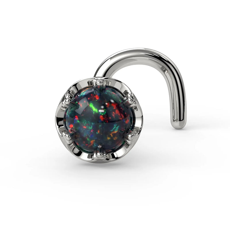 Reina Black Opal Nose Ring in 14K White Gold with crown-set Black Opal - for nostril piercings